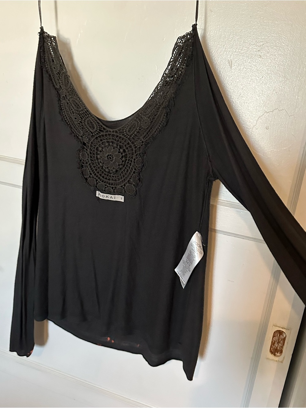 Vintage French dark grey Long-Sleeve Top with Crochet back